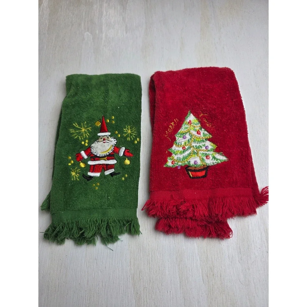 Vintage Christmas Hand Towels Set Santa Tree Embroidered Cotton Red Green